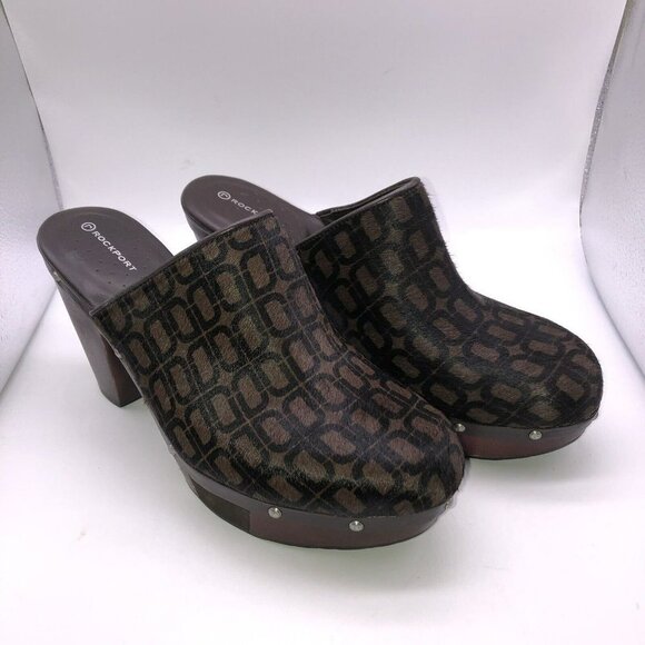 ROCKPORT adiPRENE By Adidas Black Leather Wood Heel Mule Shoes Calf Hair Sz 9.5 - Picture 3 of 10